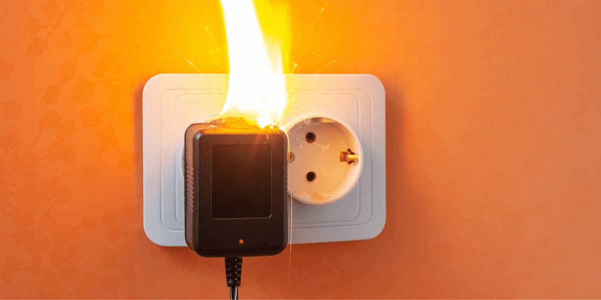 A charger on fire while connected to an electrical socket